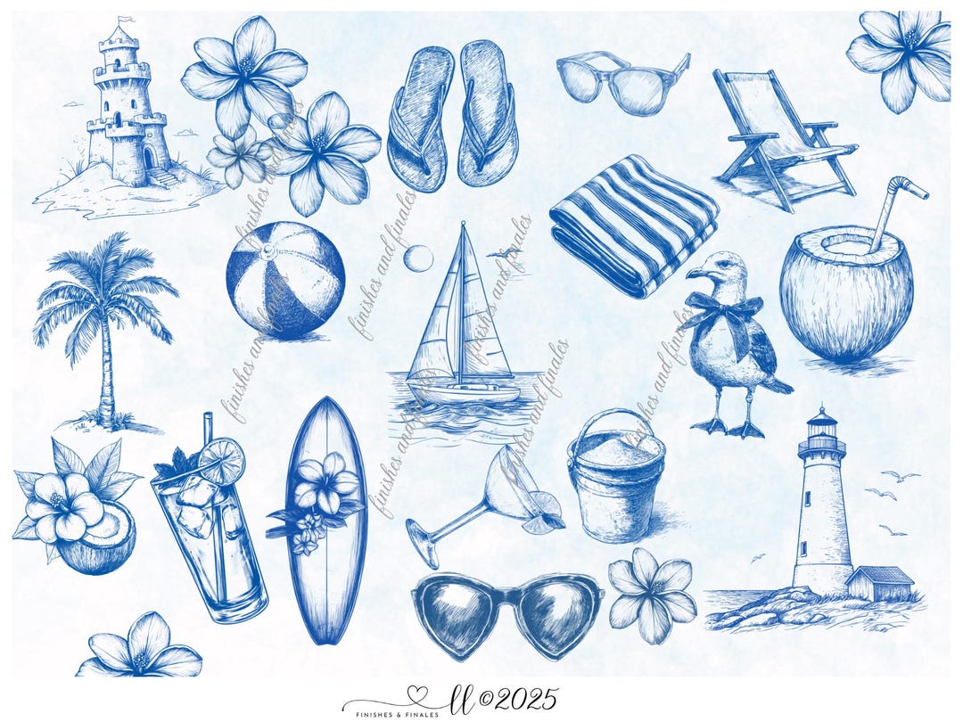 Blue Beach Elements Digital Download Sailboats Sand Castles Surf Board ...