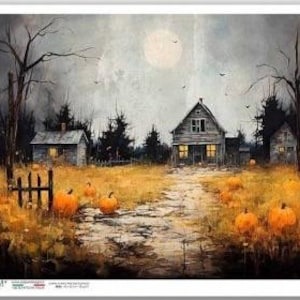 Spooky Old Farmhouse Pumpkin Farm Rice Paper A4 Sz Full Moon Twilight Spooky House Overgrown Pumpkins Decoupage Paper Fall Halloween