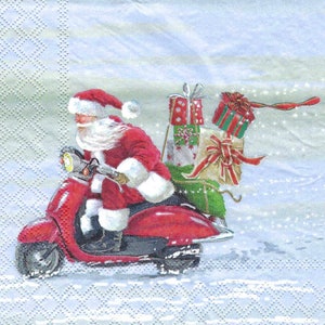 May include: A festive illustration depicts Santa Claus riding a red scooter, delivering gifts. Santa is wearing a red suit and hat, with a white beard. The scooter is loaded with wrapped presents, tied with ribbons, against a snowy background.
