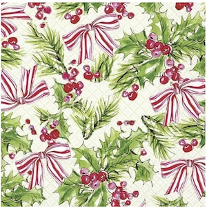 Green Holly Pink Bows & Berries Decoupage Napkins Pink and Green Christmas Napkins Includes Three Individual Cocktail Size Paper Napkins