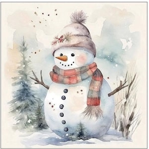 Snowman in Forest Decoupage Napkins in Plaid Scarf and Hat, Includes Three Individual Cocktail Size Premium Quality Paper Napkins