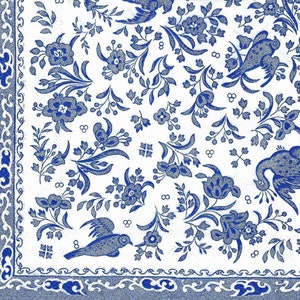 Decoupage Napkins in Blue & White Allover Peacocks and Florals Chinoiserie Print, Includes Three Premium Quality Luncheon Size Paper Napkins