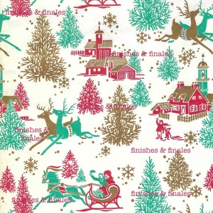 May include: A white background with a repeating pattern of red and green Christmas trees, gold reindeer, and red and gold sleighs pulled by white horses. The text "finishes & finales" appears multiple times throughout the pattern.