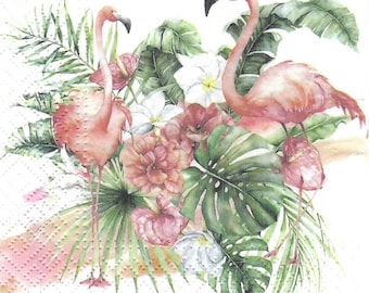 Decoupage Napkins Pink Flamingos and Palm Fronds, Includes Three Cocktail Size Napkins for Scrapbooking, Decoupage, Journaling
