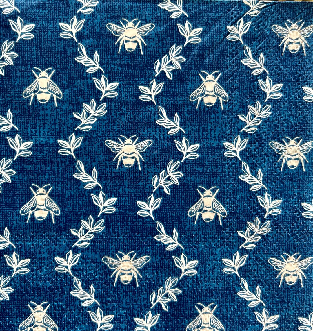 Paper Decoupage Napkins Bees and Leaves, White on Blue , Two Banquet