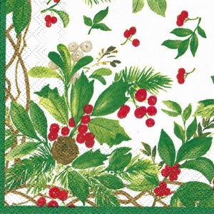 Christmas Greens Decoupage Napkins Holly Berries and Pinecones on White Background Includes Three Individual Cocktail Size Paper Napkins