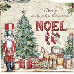 May include: Christmas-themed illustration with a nutcracker, Christmas tree, and the word "NOEL". The image features a wooden rocking horse, wrapped gifts, and the text "Have a holly jolly Christmas!"