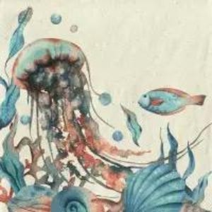 Underwater Sea Decoupage Napkins Jelly Fish Fish Sea Plants, Includes Three Individual Premium Luncheon Size Paper Napkins Blue on Beige