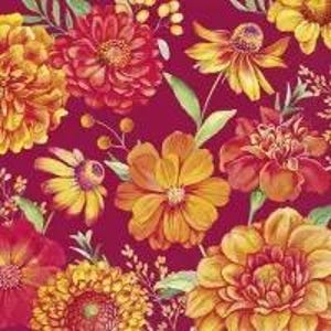 May include: A seamless pattern featuring vibrant red, orange, and yellow flowers with green leaves on a deep magenta background.