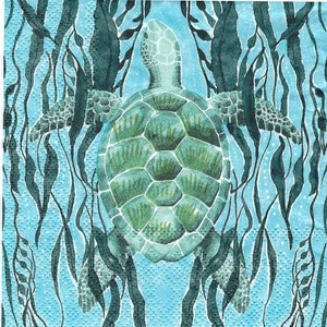 Sea Turtle Decoupage Napkins in Blue and Green Underwater Scene with Seaweed, Includes Three Premium Quality Cocktail Size Paper Napkins