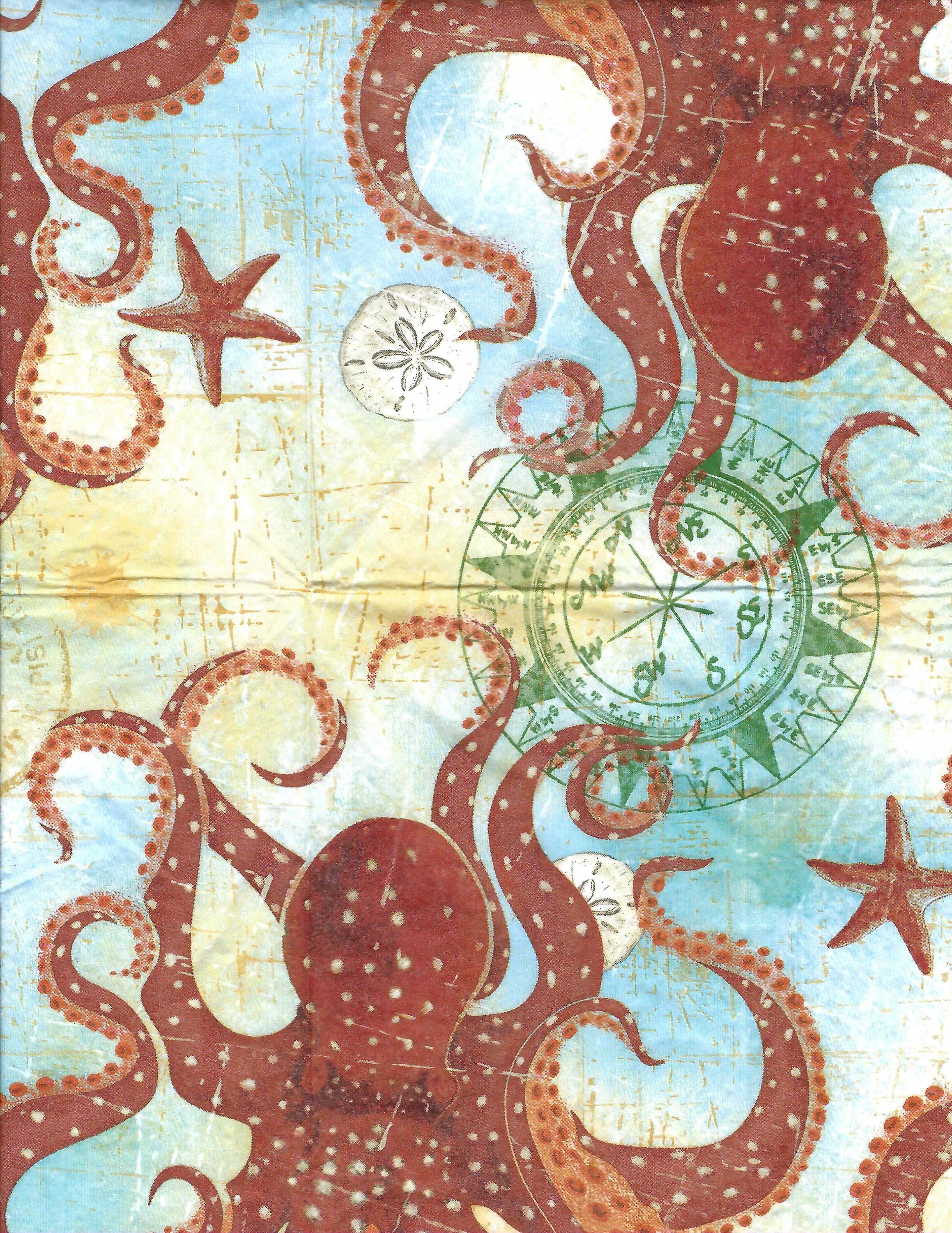 Octopus Decoupage Napkins Large Format with Compass and Starfish, Includes Three Individual Premium Quality Banquet Size Paper Napkins