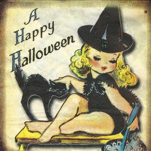 May include: A vintage Halloween illustration of a young girl dressed as a witch with a black cat. The girl is wearing a black witch hat, a black dress with a fur trim, and black boots. She is sitting on a bench with her cat. The text "A Happy Halloween" is written in the top left corner of the image.