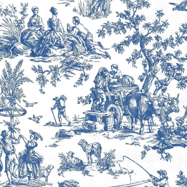 Decoupage Napkins in Blue and White Toile Print Traditional Pastoral Scene, Three Luncheon Size Napkins for Decoupage Scrapbooking Home Dec