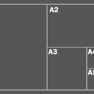 May include: A gray background with a white grid, divided into rectangles labeled A1 through A6. The rectangles are arranged in a pattern, with A1 being the largest and A6 the smallest, illustrating a proportional size relationship.