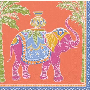 Decoupage Napkins Royal Elephant Batik Block Print Pink Orange Includes Three Individual Premium Quality Luncheon Size Paper Napkins
