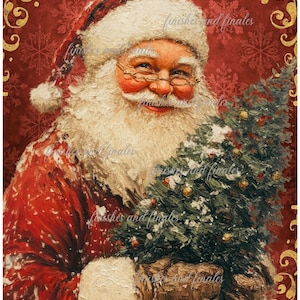 May include: A vintage-style painting of Santa Claus holding a small Christmas tree. Santa is wearing a red suit and hat with white trim, and gold-rimmed glasses. The background is a deep red with snowflake and gold scroll patterns.