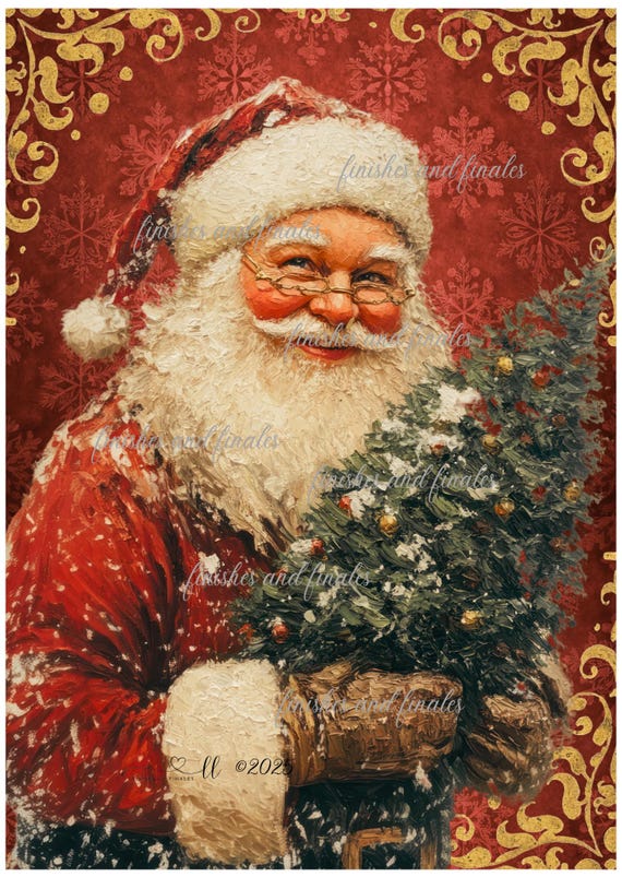 Vintage Santa Claus Decoupage Rice Paper Vintage Traditional Santa with Tree, Red and Gold Background Choose One A4 Size or Two A5 Sheets