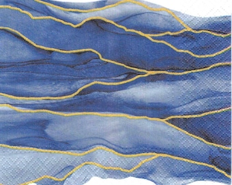 Watercolor Blue Wave Decoupage Napkins with Gold Highlights Includes Three Individual Premium Quality Luncheon Size Paper Napkins