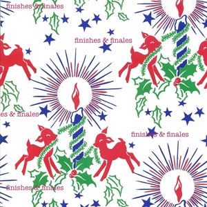 May include: A white background with a repeating pattern of red deer, green holly leaves, blue and red stars, and blue and red candle flames. The text "finishes & finales" is repeated throughout the pattern.