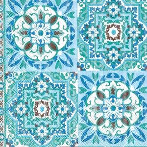 May include: Square pattern with a repeating design in shades of blue, teal, and brown. The pattern features floral and geometric motifs, creating a decorative and artistic look. The design is reminiscent of tile work.