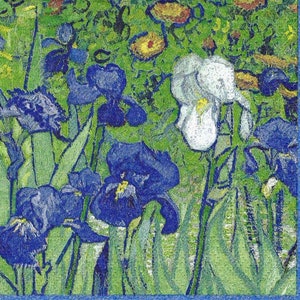 May include: A painting of a field of blue and white irises with green leaves and stems. The flowers are painted in a stylized, impressionistic style.