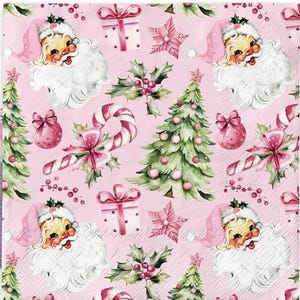 Pink Santa Claus Decoupage Napkins: Christmas Tree Luncheon Napkins