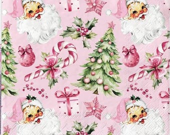 Decoupage Napkins Pink Santa Claus  Pink Christmas Santas and Trees Napkins Includes Three Premium Quality Luncheon Size Paper Napkins