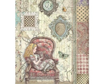 Papel de arroz Stamperia Alice en la silla Colección Alice para decoupage Tarjetas Cuadernos Tamaño A4 Importado, Alicia en el País de las Maravillas