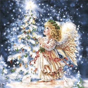 Decoupage Napkins Christmas Angel at Christmas Tree  with Rabbits Includes Three Individual Premium Quality Luncheon Size Napkins