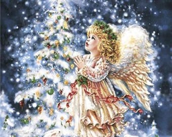 Decoupage Napkins Christmas Angel at Christmas Tree  with Rabbits Includes Three Individual Premium Quality Luncheon Size Napkins