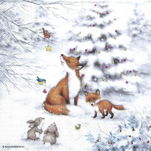 Decoupage Napkins Mama Fox and Baby Fox in Forest Wild Fox in Snow, Three Individual Premium Quality Luncheon Size Paper Napkins