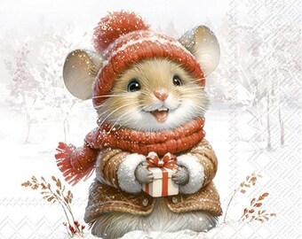 Christmas Mouse Decoupage Napkins with Christmas Gift, Includes Three Individual Luncheon Size Paper Napkins, Mouse in Knit Cap and Scarf