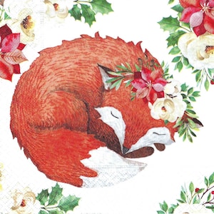 Decoupage Napkins Christmas Holiday  Red Fox Sleeping With Holly and Berries, Three Individual Lunch Size Premium Quality Paper Napkins