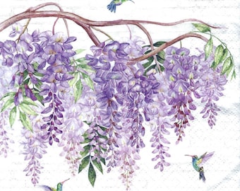Decoupage Napkins Wisteria with Hummingbirds, Includes Three Individual Luncheon Size Premium Quality Paper Napkins Purple and White