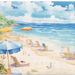 Beach Day Scene Decoupage Napkins Beach Chairs & Umbrella on the Beach, Includes Three Individual Cocktail Size Napkins Seagulls Beach Scene