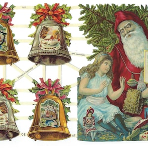 Santa Claus Die Cut Sheet Embossed Vintage Style Five Complete Large Images Imported from Germany Pre Cut, Christmas Card Bells and Santa