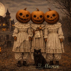 May include: Three figures with carved pumpkin heads wearing off-white ruffled dresses and dark boots stand in a row. A black cat sits in front of them. The text "LL©2026 FINISHES & FINALES" is visible at the bottom of the image.