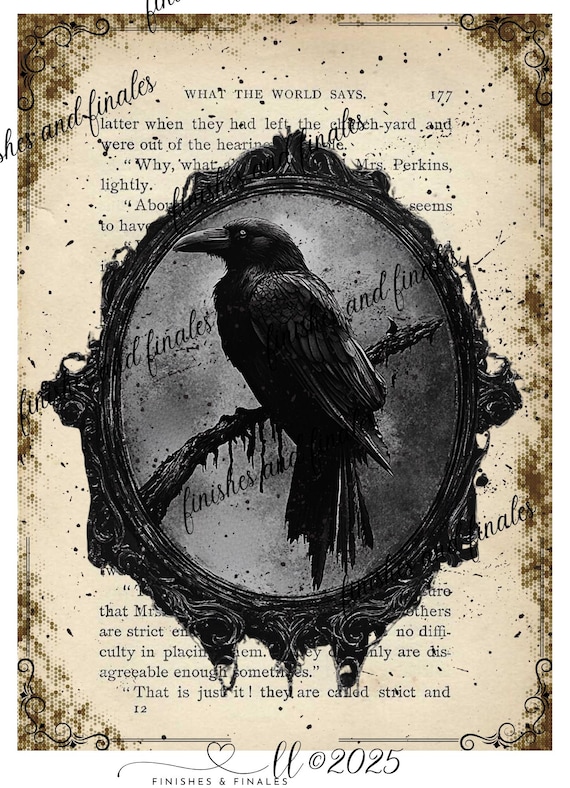 Black Crow Decoupage Rice Paper ~ Antique Book Page, Choice of 3 Sizes, Steampunk Style, Halloween Rice Paper for Decoupage