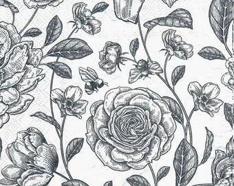 Black and White Decoupage Napkins Roses and Florals with Bees,  Includes Three Dinner Size Napkins for Scrapbooking, Decoupage, Journaling
