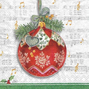 Decoupage Napkins Christmas  Pretty Christmas Ornament on Sheet Music Background Three Cocktail Size Paper Napkins