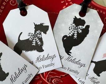 Scottish Terrier Personalized Gift Tags Happy Holidays, Scottish Terrier Silhouette, Set of 16 Choice of Ribbon, Scottie Dog Gift Tags