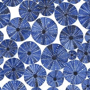 May include: A repeating pattern of blue and white circular shapes resembling sea urchins. The design features varying shades of blue, with radial lines and small white dots emanating from a dark center on a white background. The overall effect is a textured, oceanic theme.