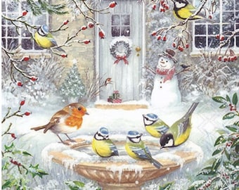 Winter Birds in Bird Bath Decoupage Napkins Includes Three Individual Cocktail Size Premium Paper Napkins, Finch and Robins in Winter