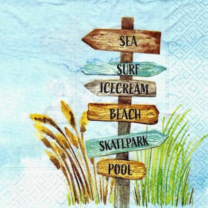 Decoupage Napkins Beach Signs Ocean Theme Pattern Three Individual Luncheon Size Paper Napkins