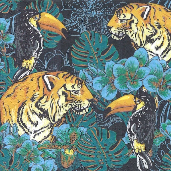Decoupage Napkins Stunning Tigers and Toucans with Botanicals Includes Three Luncheon Size Paper Napkins for Scrapbooking Journaling