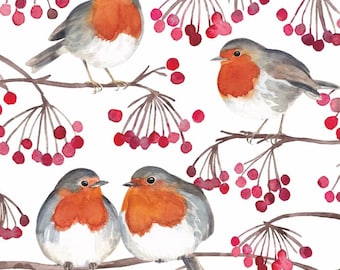 Decoupage Napkins Winter Birds and Berries  Red Breasted Birds with Berries, Three Individual Cocktail Size Premium Quality Paper Napkins