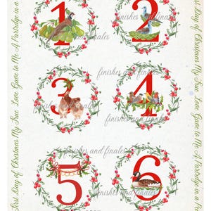 May include: A decorative print featuring six numbered circles, each with a different illustration of birds and other elements. The numbers are red, surrounded by wreaths of greenery and berries. Text includes "On the First Day of Christmas..." and "Four Calling Birds..."