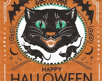 Black Cats Decoupage Napkins Halloween Cats and Bats on Orange, Includes Three Premium Quality Cocktail Size Paper Napkins