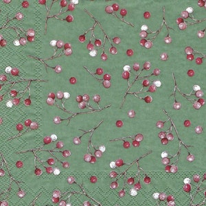 Decoupage Napkins Christmas Red Winter Berries on Green Background Three Luncheon Size for Scrapbooking Decoupage Journaling