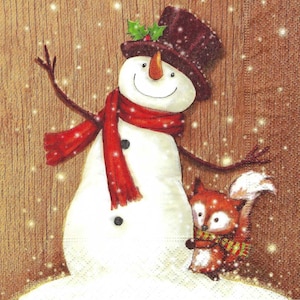 Decoupage Napkins Snowman  Christmas Snowman and Fox in Snow Includes Three Individual Luncheon Size Premium Quality Paper Napkins